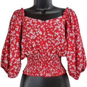 Red Floral Smocked Square Neck Puff Sleeve‎ Cropped Blouse Top Women's M